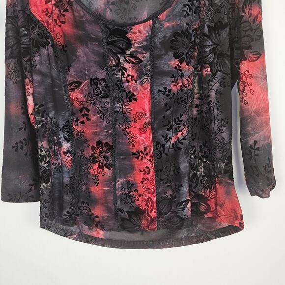 Cato Floral Red Black Burnout Top Sz Large Sheer Gothic Romantic Stretch Blouse - Picture 4 of 14